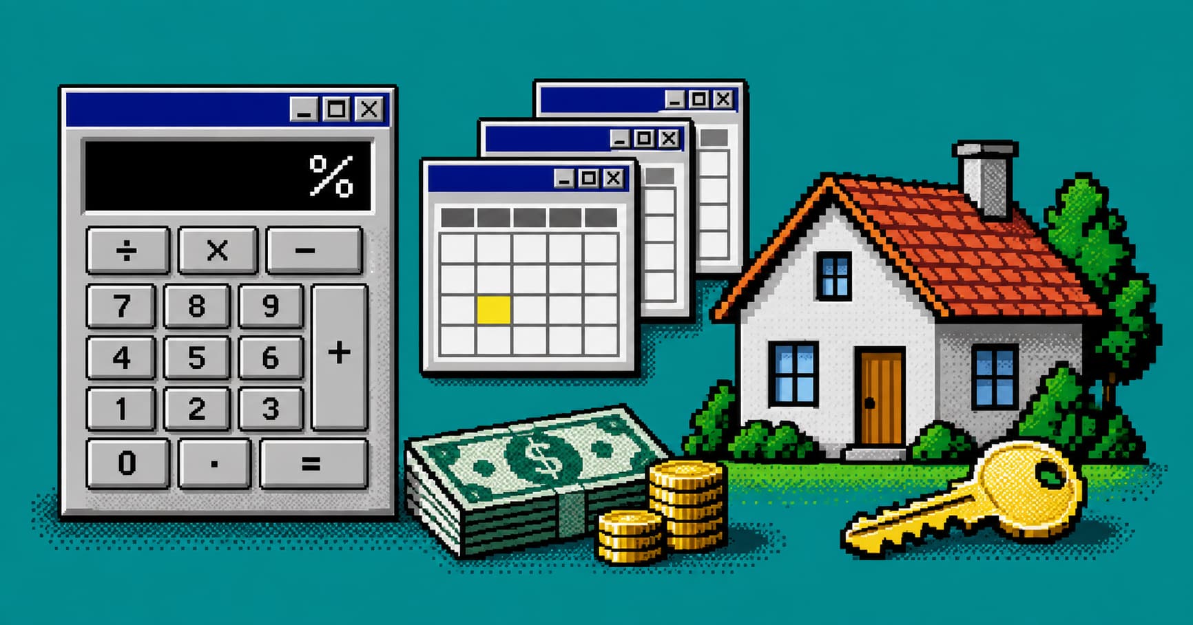 Calculadora, calendario y llaves de una casa en pixel art Windows 98