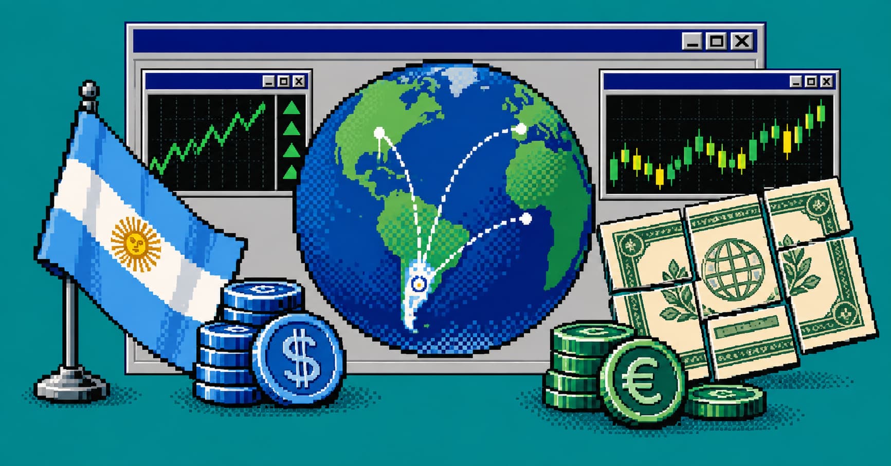 Globo, certificado dividido en partes y gráficos bursátiles en pixel art Windows 98