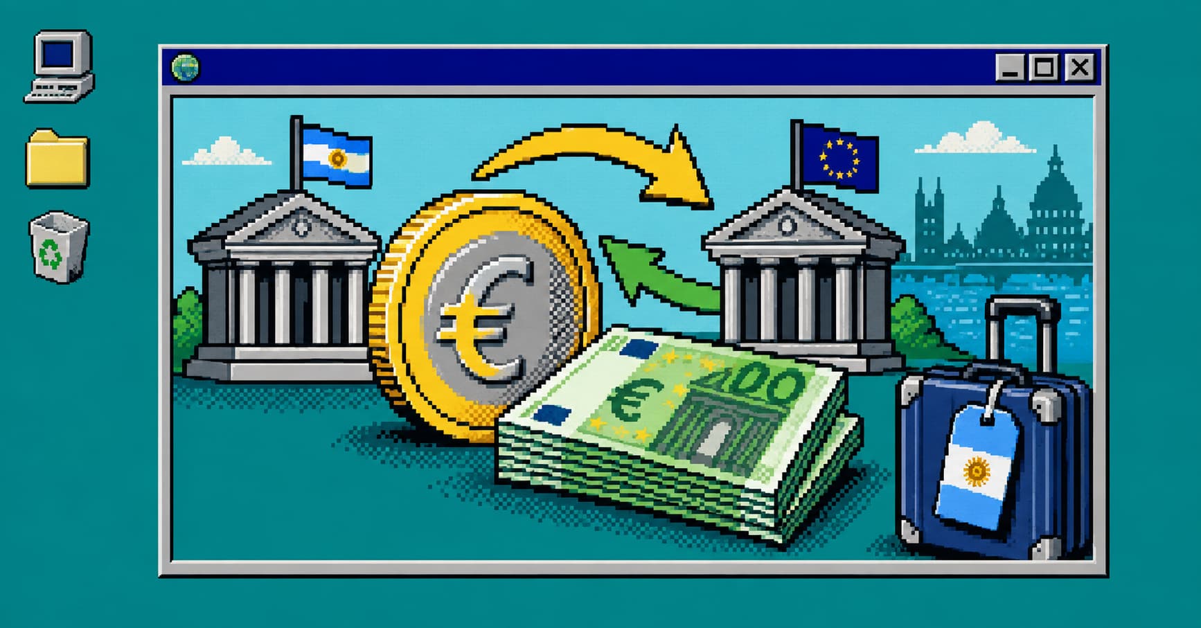 Moneda de euro, bancos y valija argentina en un escritorio pixelado Windows 98