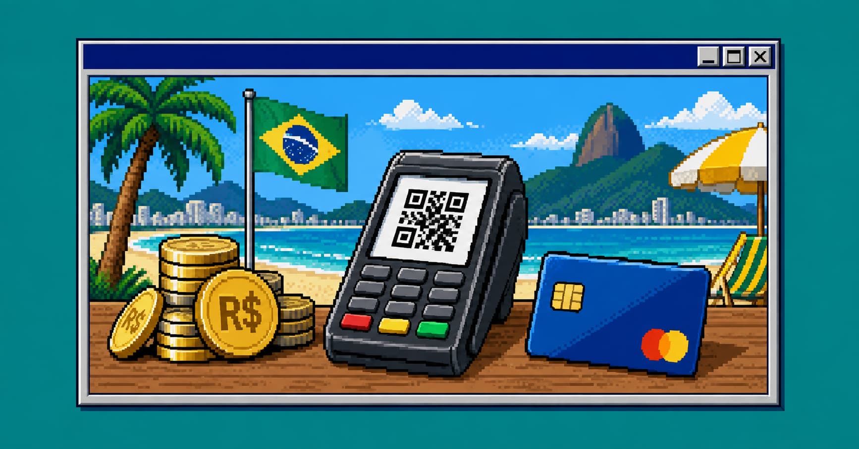 Pago con QR, monedas de reales y tarjeta en una playa de Brasil, estilo pixelado Windows 98