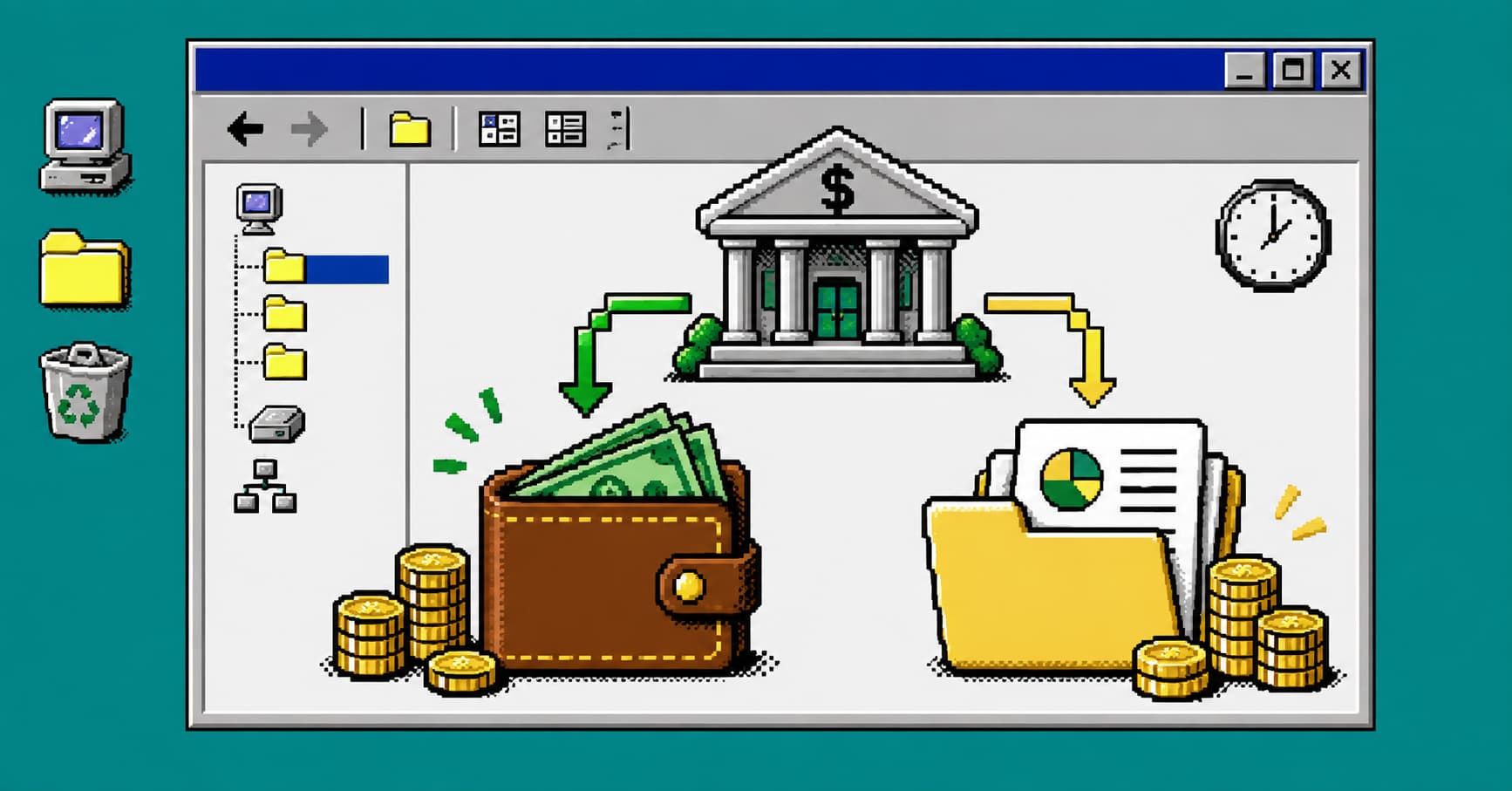 Billetera y carpeta de inversión conectadas a un banco en una ventana Win98 pixelada