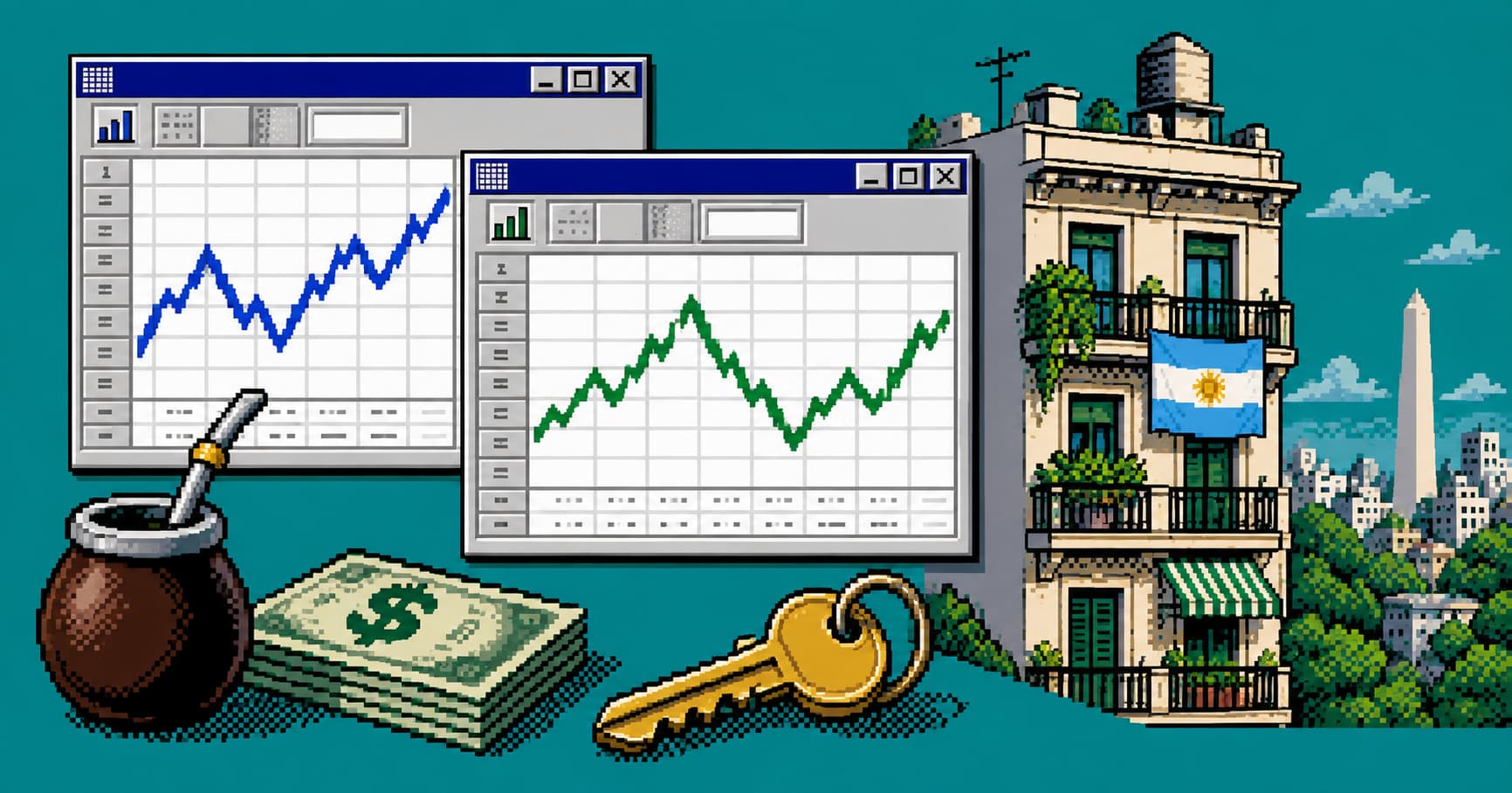 Dos ventanas con gráficos de precios y salarios junto a una casa y sus llaves