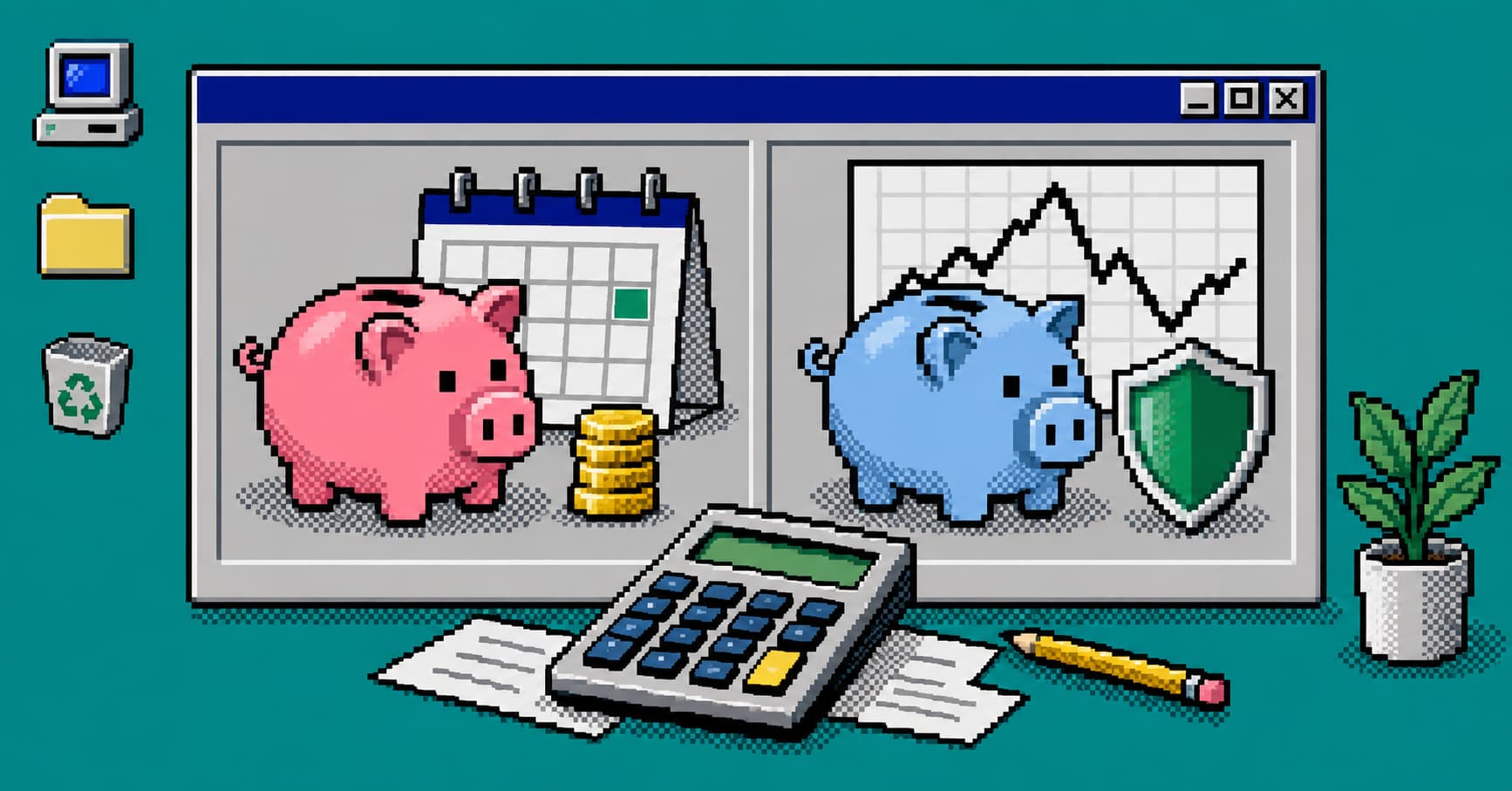Dos alcancías, calendario y gráfico de inflación en pixel art Windows 98