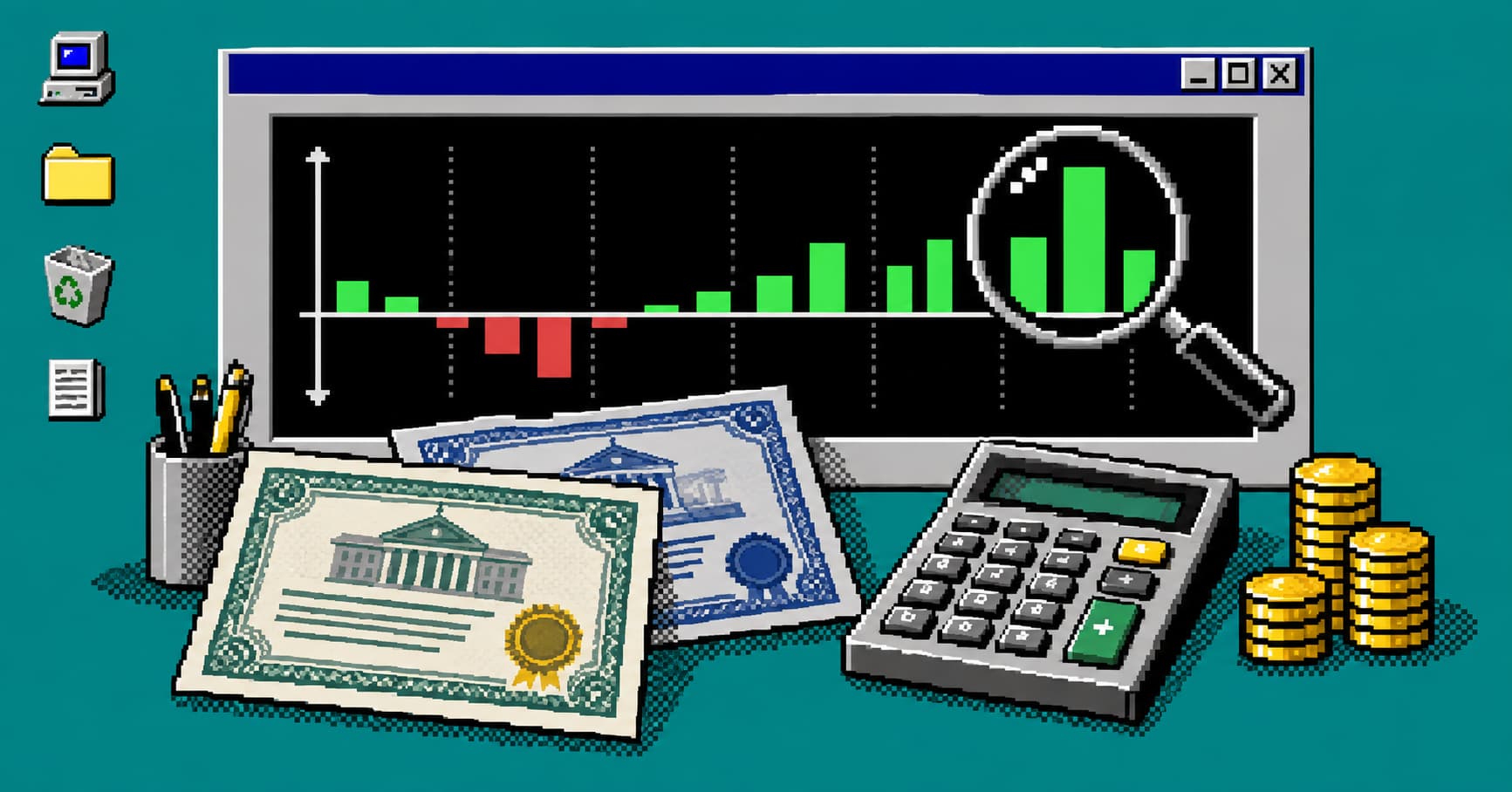 Flujos de un bono, certificados y calculadora sobre una ventana Windows 98 pixelada